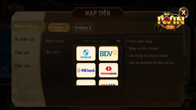 Nạp tiền siêu nhanh vào cổng game Iwin với ngân hàng