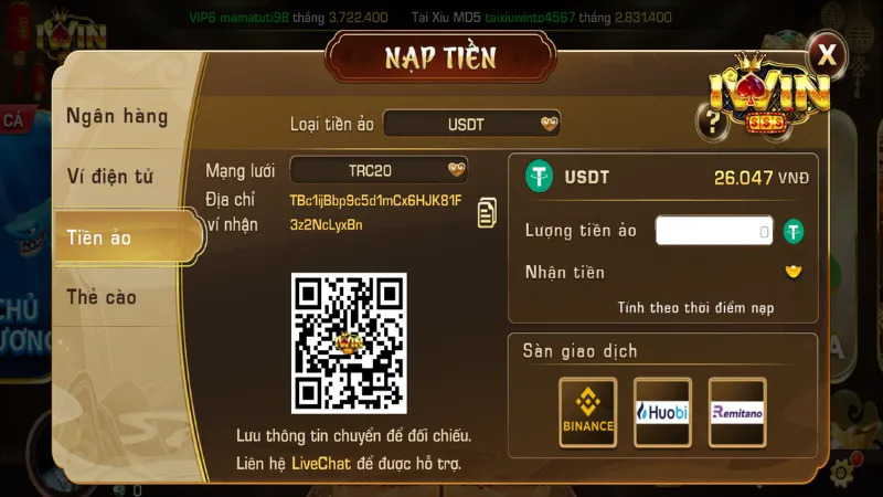 Nạp tiền vào cổng game Iwin bằng tiền điện tử