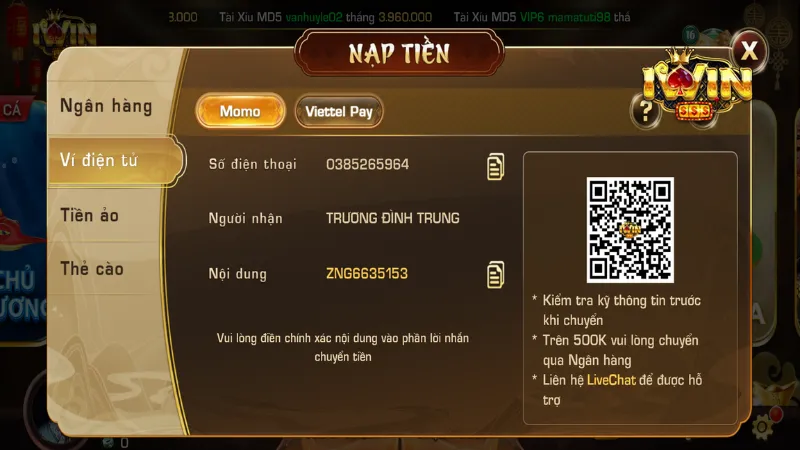 Nạp tiền Iwin tiện lợi bằng ví điện tử
